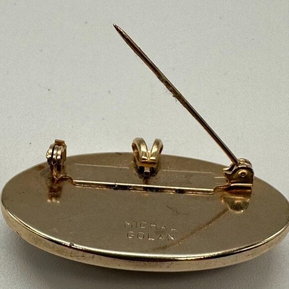 Michal Golan 1.5" Oval Brooch Pin Pendant Gold Tone Goldstone Jasper Aventurine - Picture 6 of 9